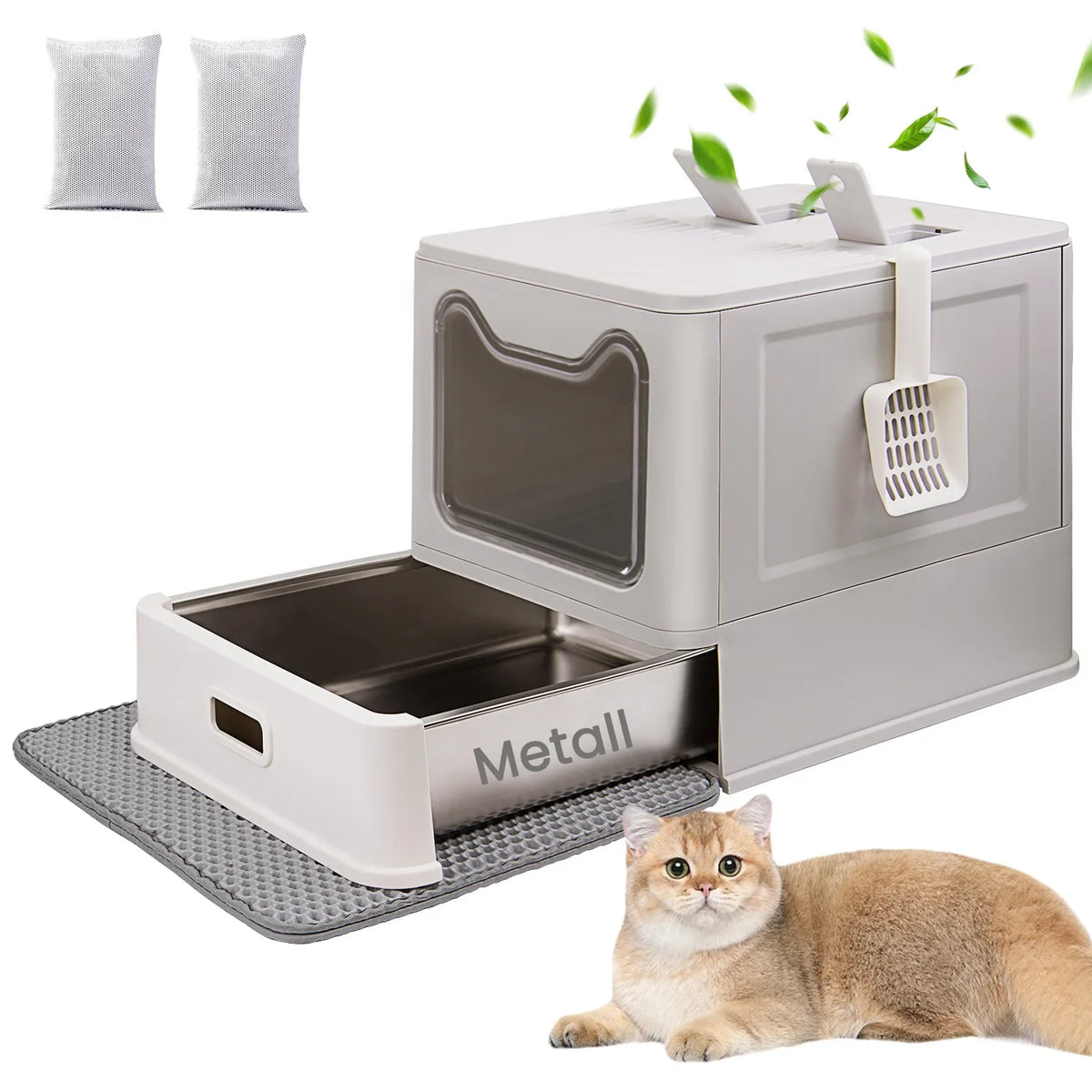 Geschlossene XXL-Katzentoilette aus Edelstahl – Frontalansicht
