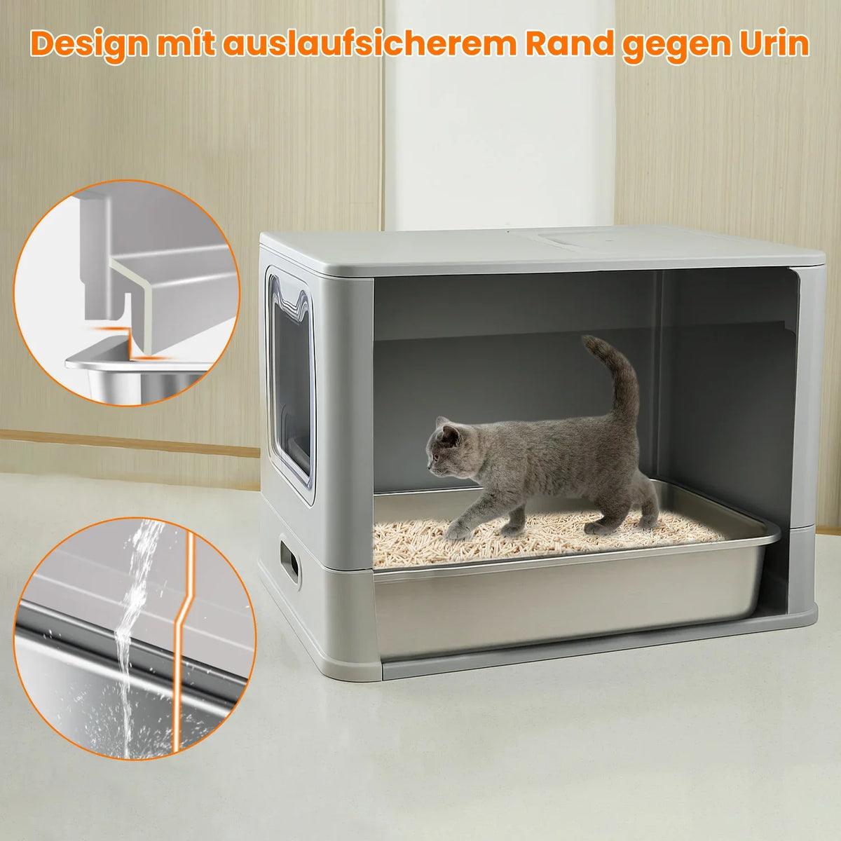 XXL-Katzentoilette aus Edelstahl mit Streumatte und Schaufel