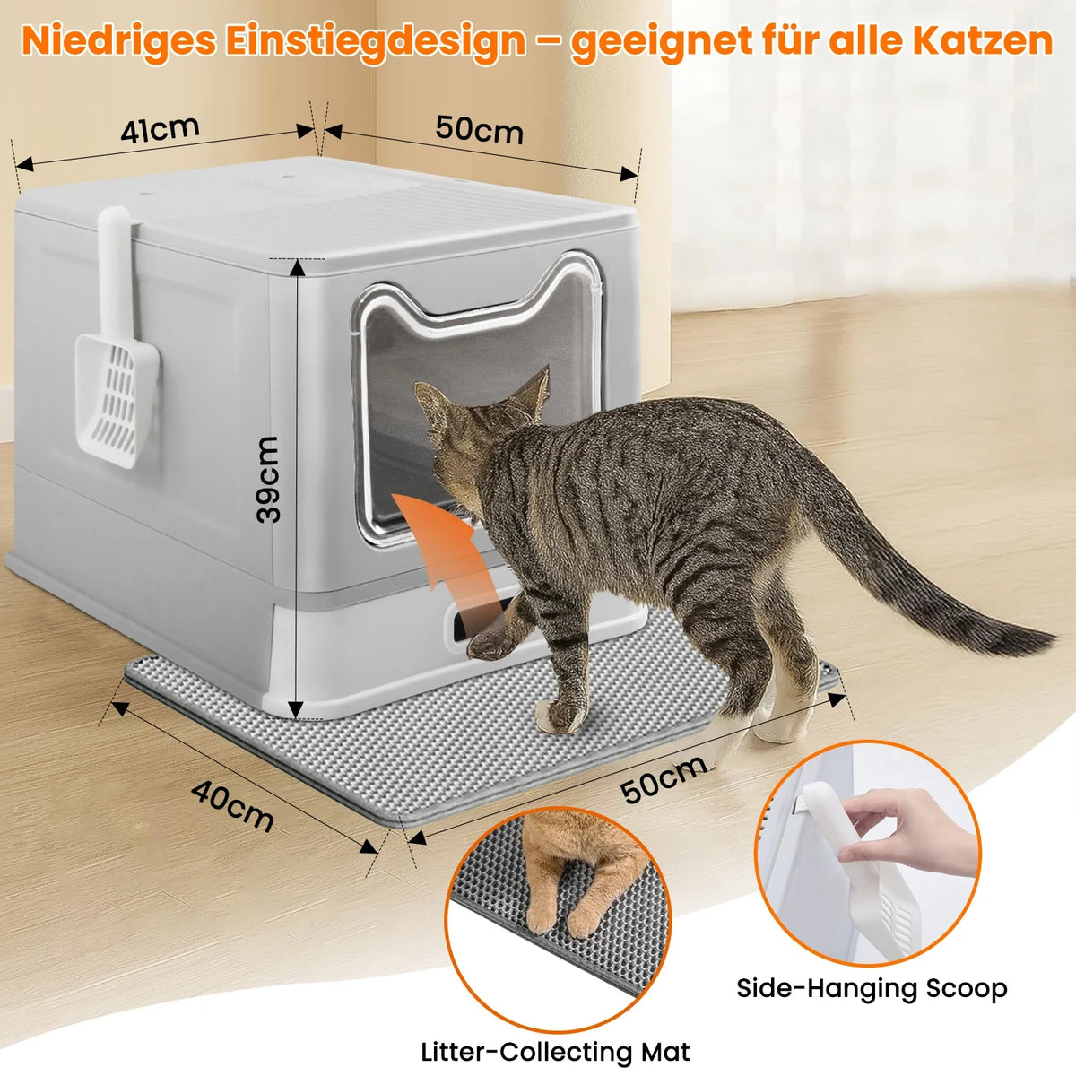 Katze in einer geschlossenen XXL-Katzentoilette aus Edelstahl
