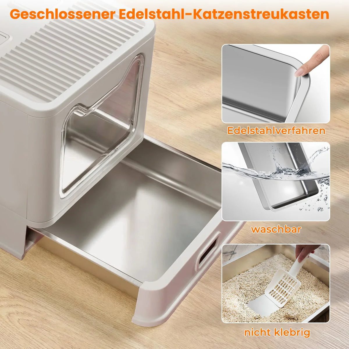 Katzentoilette aus Edelstahl mit herausziehbarer Reinigungsschublade
