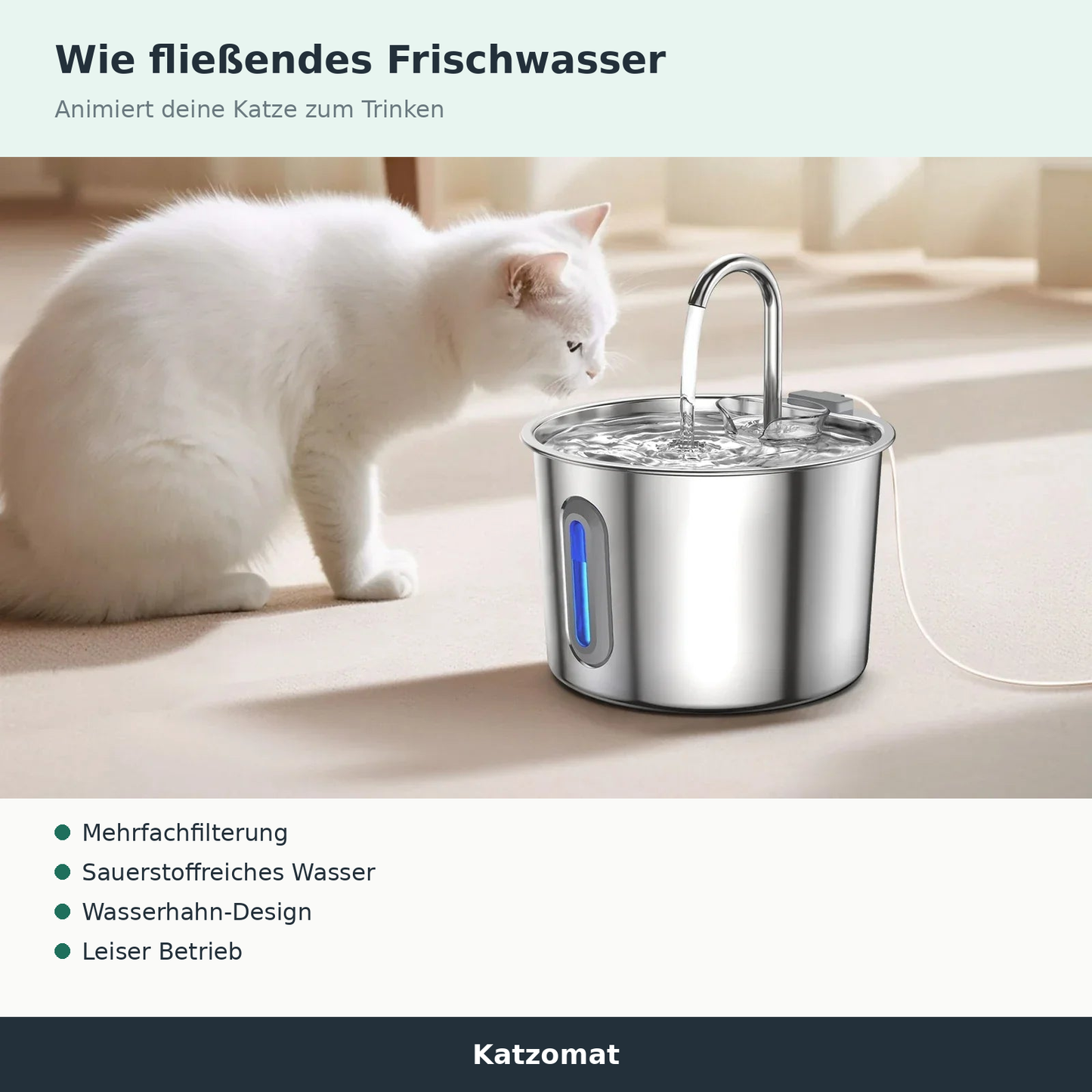 Katzomat Katzenbrunnen aus Edelstahl – 2,2L, leise & mit Füllstandsfenster