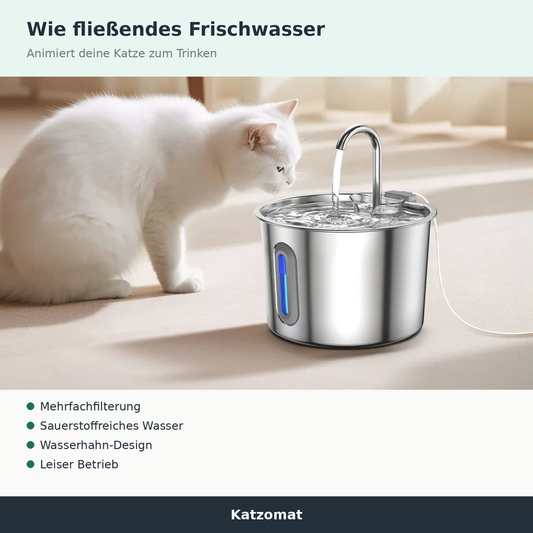 Katzomat Katzenbrunnen aus Edelstahl – 2,2L, leise & mit Füllstandsfenster
